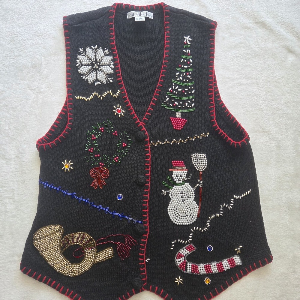 Vintage Christmas Ugly Sweater Holiday Vest Beaded Womens  Med Cotton Ramie